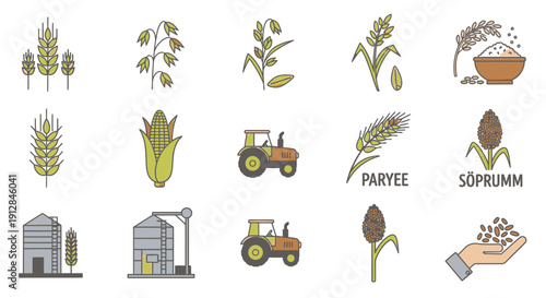 Collection of agriculture and grain crop farming icons