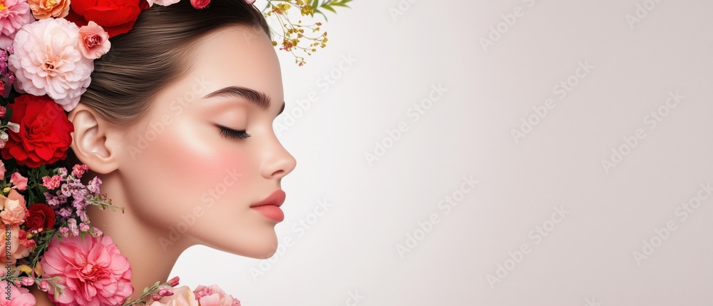 Fototapeta premium Elegant female profile with floral crown on a light background. Horizontal banner with copy space for International Women’s Day, March 8 marketing and greeting design