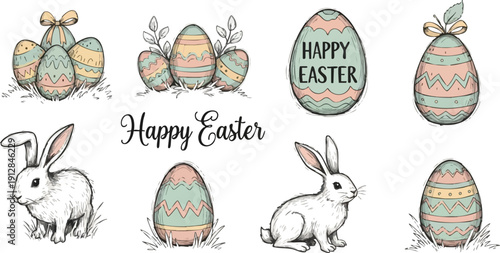 Hand drawn pastel easter eggs with floral decorations and two white rabbits sitting near grass with handwritten happy easter text elegant festive spring holiday vector art
