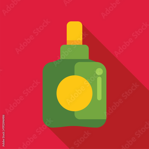 Green bottle of insect repellent spray with a yellow label on a red background, providing protection