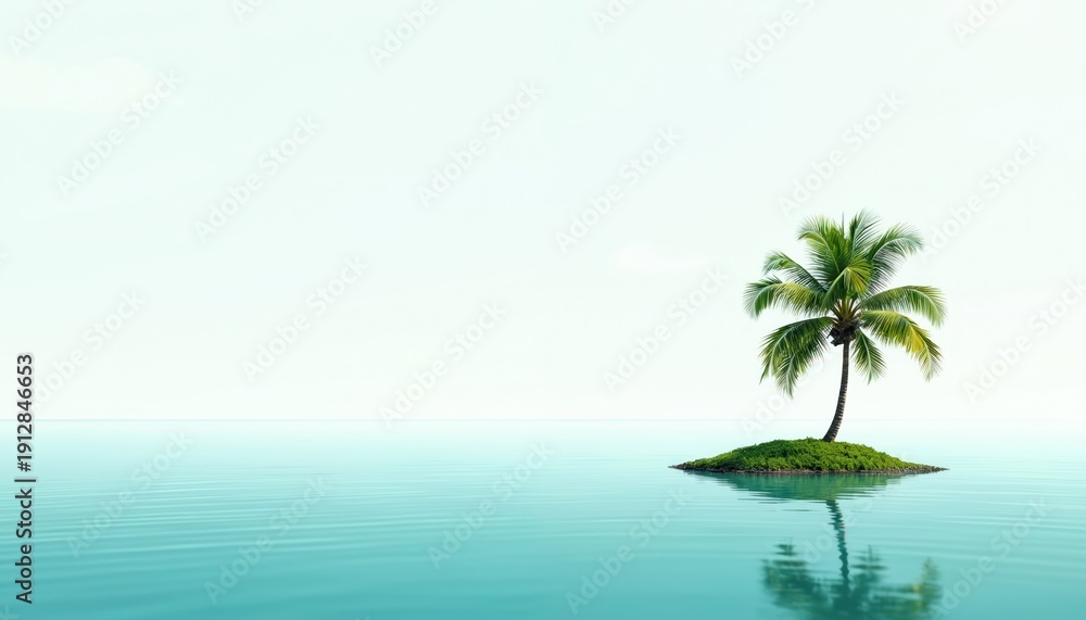 Fototapeta premium Small green island with single palm tree. Calm clear turquoise ocean water surrounds this tiny isle. Vast empty sky overhead. Peaceful remote nature scene.