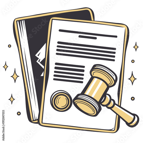 Legal documents with gavel and stamped seal in flat design  