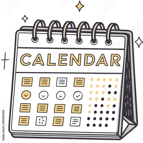 Calendar illustration with spiral binding and colorful check marks  