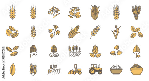 Collection of farm and grain agriculture outline icons