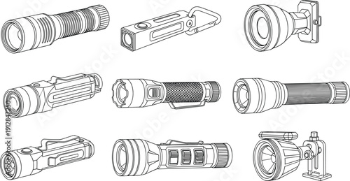 Flashlight, collection, torch, lantern, lighting, equipment, portable, illumination, battery, emergency, camping, tool, technology, handheld, device, illustration, vector, set, outline, icons