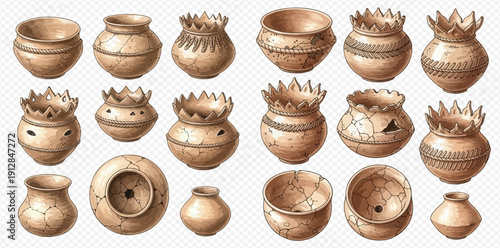 Collection of ancient tribal pottery and ceramic vessels with intricate patterns and textures.
