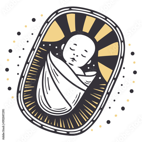 Newborn baby sleeping in swaddle with sunburst background design  