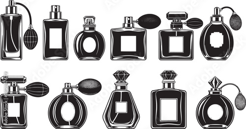 Collection of elegant perfume bottles, featuring various shapes and ornate designs, showcasing classic fragrance containers