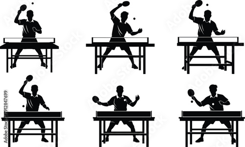 Table, tennis, players, silhouettes, collection, pingpong, sport, game, racket, ball, competition, athlete, training, action, motion, illustration, vector, set, icons, black
