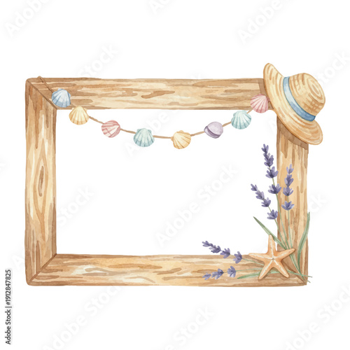 Wooden Picture Frame with Summer Details, Home Decor, Watercolor Vector Illustration Isolated on White
