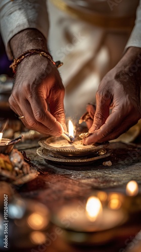 Hands light a small oil lamp during a ritual setting in an indoor space filled with candles and offerings at dusk
