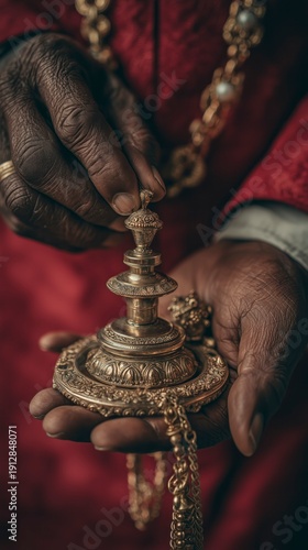 Hands hold a detailed metal object with intricate design in a close-up view during a cultural ceremony in India at twilight