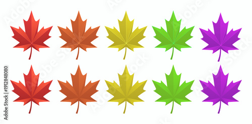Colorful maple leaf vector illustration set on white background. Autumn foliage icons in red, orange, yellow, green and purple colors. Flat design maple leaves collection for seasonal decoration.