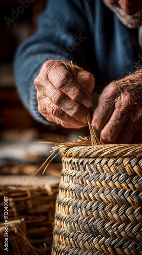 Hands weave a basket made of natural fibers in a craft workshop during daytime in a rural setting