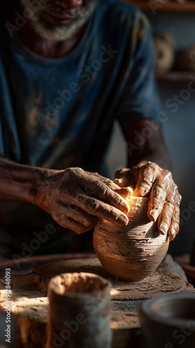 Crafting pottery on a wheel in a workshop during the late afternoon with hands shaping the clay and tools nearby