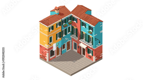 Colorful european townhouses with red roofs and balconies in isometric style