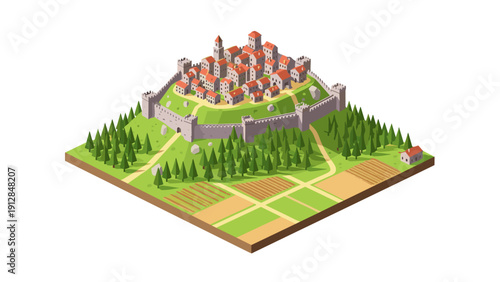 Isometric medieval city with castle walls and countryside landscape
