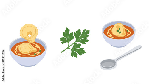 Delicious soup with tortellini and fresh parsley design elements