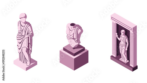 Isometric pink greek statues collection: classical art and architecture