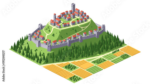 Medieval hilltop village with stone walls and farmlands in isometric style