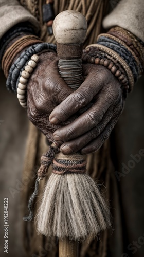 Hands holding a staff with a fur tip, decorated with bracelets, in a simple setting that shows the beauty of craftsmanship and tradition in the community