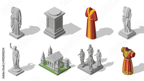 Ancient classical and roman artifacts in isometric style