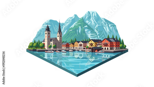 Charming alpine village with scenic mountains and lake reflection