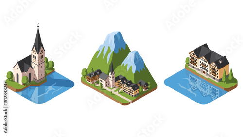 Charming alpine village with church, mountain, and lakeside hotel in isometric view
