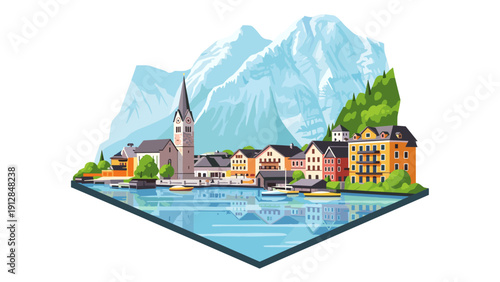 Charming alpine village in geometric style with mountains and lake