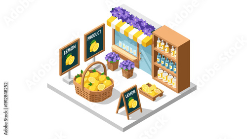 Isometric lemon store display with fresh produce and natural products