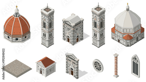 Isometric renaissance architecture set with famous italian landmarks