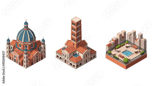 Isometric architectural landmarks with urban skyline in flat design style