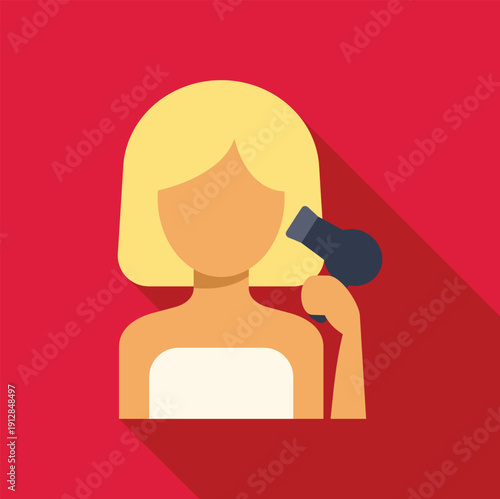 Woman drying blonde hair with a hairdryer after showering, presented in flat design