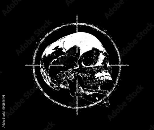 Skull in Crosshair Target Monochrome Grunge T-Shirt Graphic. High-contrast monochrome skull inside a crosshair target with distressed gritty texture on black background. Dark vector art for t-shirt