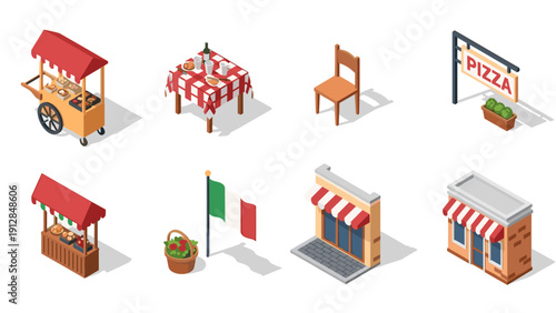 Isometric italian theme elements: food cart, restaurant table, pizza sign, italian flag