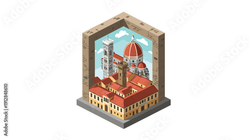 Isometric cityscape of historic florence with iconic architectural landmarks