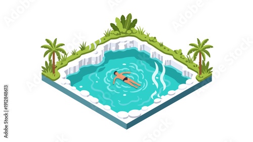 Relaxing isometric pool with tropical plants and swimmer in water