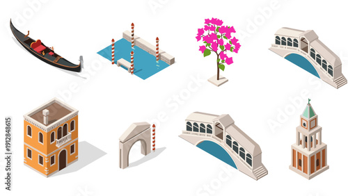 Isometric venice landmarks with gondola and italian architecture elements