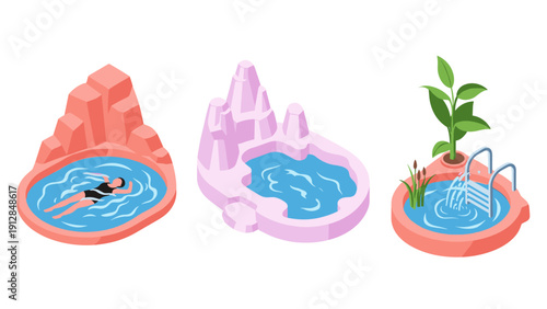 Isometric pools with natural landscapes and relaxation theme