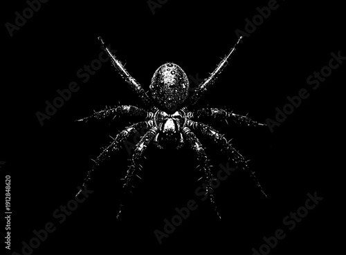 Hairy Spider Illustration Monochrome Grunge T-Shirt Graphic. High-contrast monochrome illustration of a hairy spider with gritty distressed texture on black background. Vector illustration