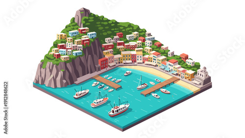 Colorful harbor scene with boats and seaside village in isometric view