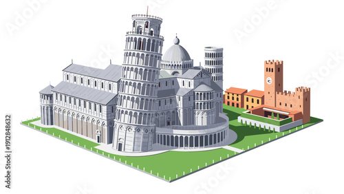 Isometric pisa landmark: leaning tower and cathedral complex architecture