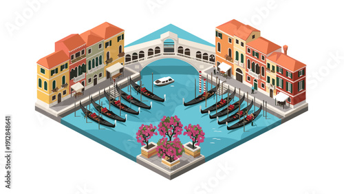 Isometric venice canal scene with gondolas and colorful buildings