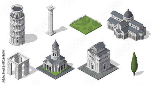 Isometric historic architecture set featuring iconic landmarks and structures