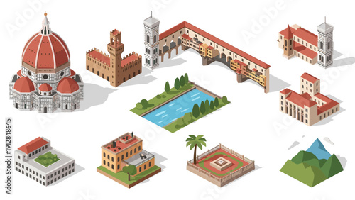 Iconic italian landmarks in isometric style: detailed architectural and landscape map