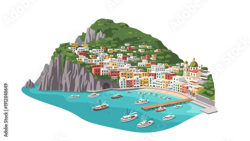 Colorful coastal village with boats and mountainous landscape