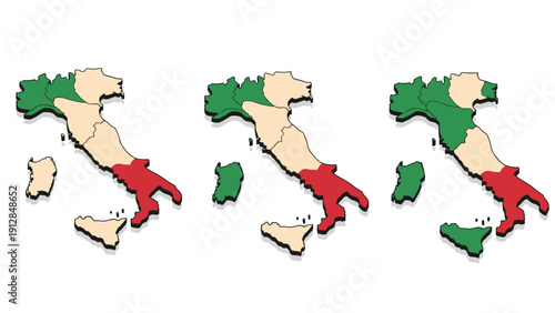 Isometric map of italy with flag colors and shadow effect in three variations