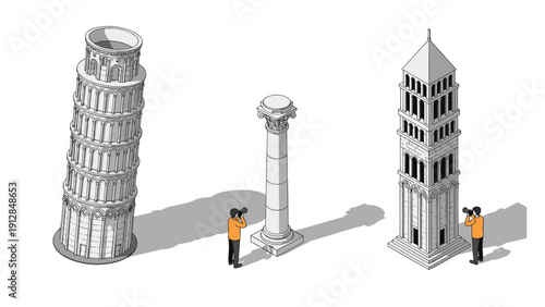 Isometric architectural landmarks with observers: pisa leaning tower and historical columns