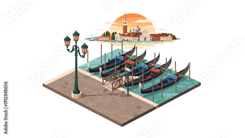 Isometric venice scene with gondolas at sunset and iconic architecture