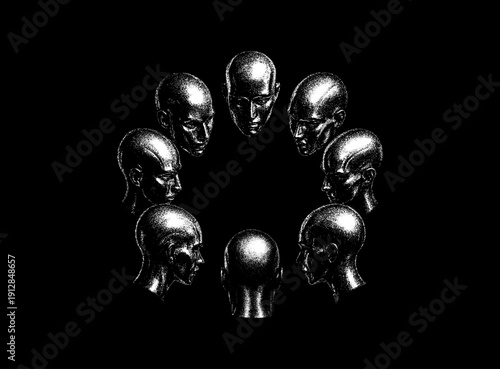 Chrome Mannequin Heads Circle Monochrome Grunge Graphic. High-contrast monochrome lineup of glossy mannequin heads arranged in a circular formation on black background. Vector graphic art